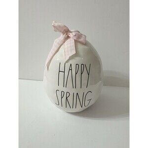 Rae Dunn by Magenta "HAPPY SPRING" Large‎ Ceramic Egg Decor Pink Ribbon